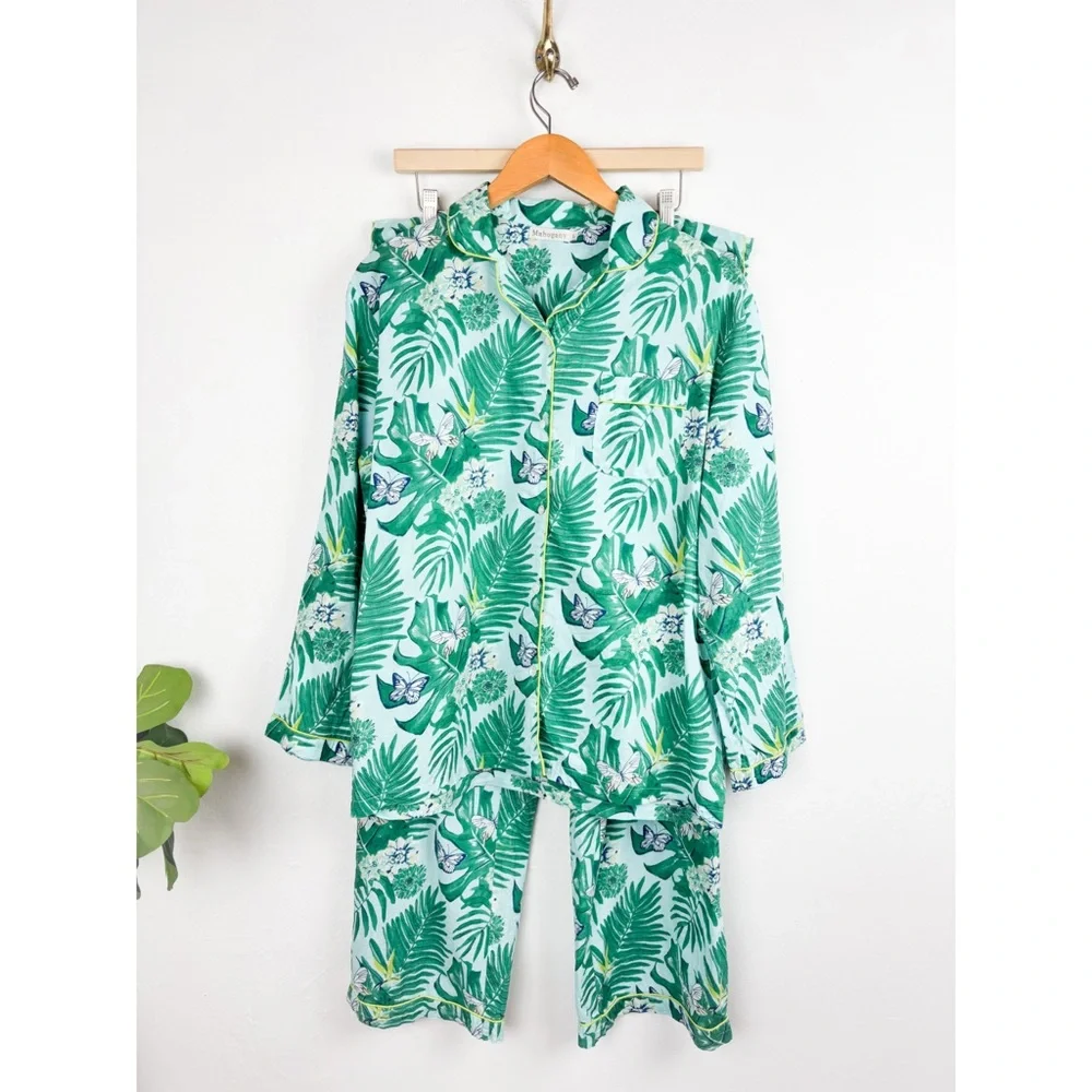 The Mahogany Store Green Leaf Print Cotton Pajama Set - Picture 1 of 10
